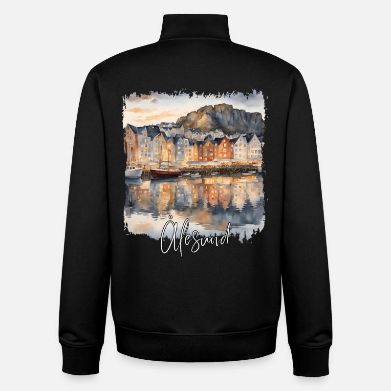 Aquarelle d’Ålesund, Ålesund, Norvège - Sweat zippé unisexe en coton bio Stanley/Stella - noir