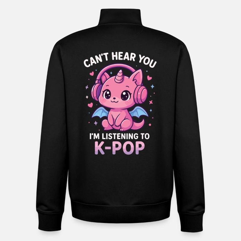 Kawaii Dragon écoutant la K-Pop - Sweat zippé unisexe en coton bio Stanley/Stella - noir