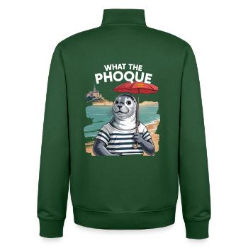 What the Phoque Normandie Mont Saint Michel Humour - Unisex Organic Zip Sweatshirt by Stanley/Stella - bottle green - Back - AI Model Male 185 dark (185cm)
