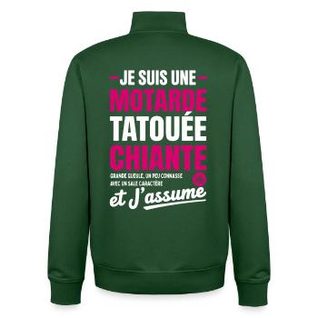 Motarde Tatouée Chiante Humour Moto pour Femme - Sweat zippé unisexe en coton bio Stanley/Stella - vert bouteille - Dos - AI Model Male 185 dark (185cm)