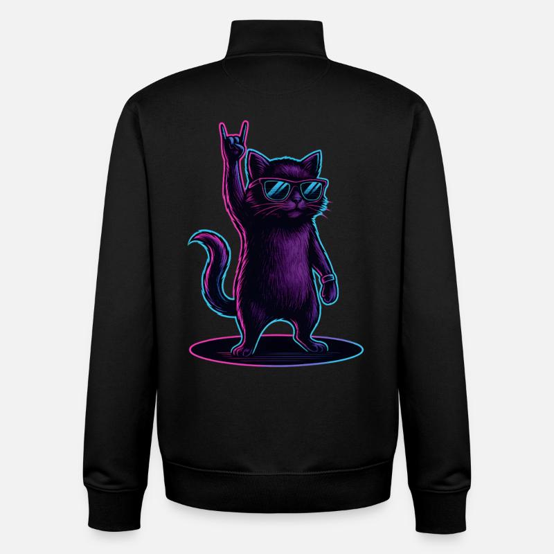 Synthwave Cat Cat with Rockhand Pose - Unisex Organic Zip Sweatshirt by Stanley/Stella - black