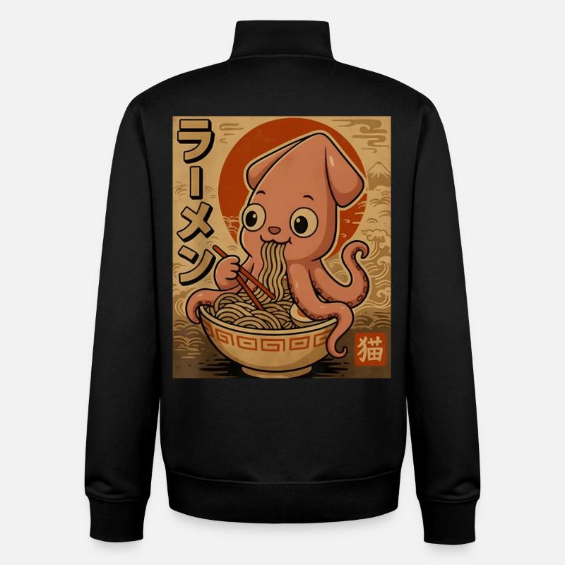 Dessin animé Ramen Pieuvre en sépia - Sweat zippé unisexe en coton bio Stanley/Stella - noir
