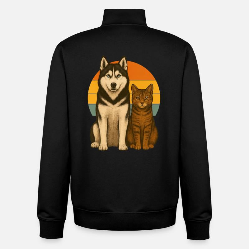 Husky et chat - Sweat zippé unisexe en coton bio Stanley/Stella - noir