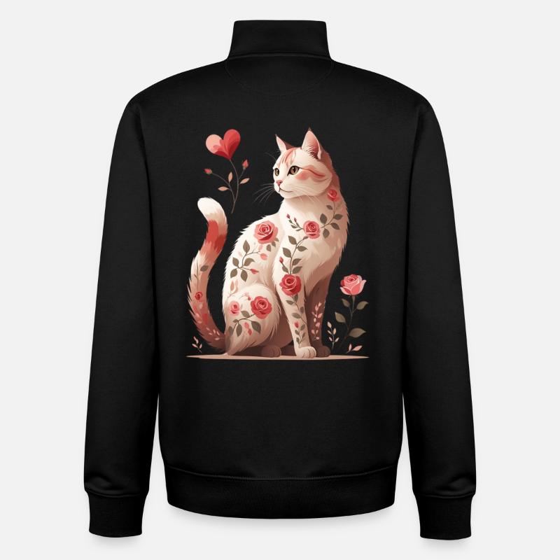 Rosy Cat Dream : Floral Cat - Sweat zippé unisexe en coton bio Stanley/Stella - noir