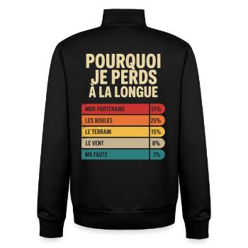 Pourquoi je perds à la lyonnaise Humour Bouliste - Sweat zippé unisexe en coton bio Stanley/Stella - noir - Dos - AI Model Male 185 light (185cm)