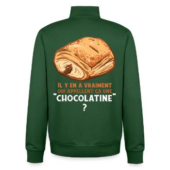 Humour Chocolatine Pain au Chocolat Petit Déjeuner - Sweat zippé unisexe en coton bio Stanley/Stella - vert bouteille - Dos - AI Model Male 185 dark (185cm)