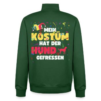 Mon costume a été mangé par les chiens. Carnaval. - Sweat zippé unisexe en coton bio Stanley/Stella - vert bouteille - Dos - AI Model Male 185 dark (185cm)