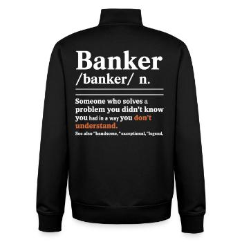 Banker Riddle Typo Shirt - Unisex Organic Zip Sweatshirt by Stanley/Stella - black - Back - AI Model Male 185 light (185cm)