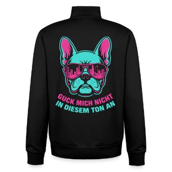 Ne me regarde pas sur ce ton, Bulldog - Sweat zippé unisexe en coton bio Stanley/Stella - noir - Dos - AI Model Male 185 light (185cm)
