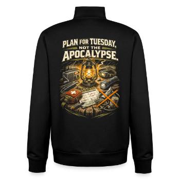 Prepper Überlebenskünstler Plan For Tuesday - Unisex Organic Zip Sweatshirt von Stanley/Stella - Schwarz - Hinten - AI Model Male 185 light (185cm)