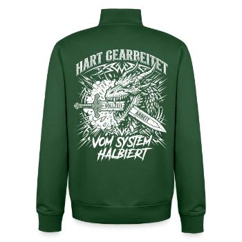 Hard worked, halved by the system - Unisex Organic Zip Sweatshirt by Stanley/Stella - bottle green - Back - AI Model Male 185 dark (185cm)