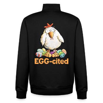 Aufgeregtes Huhn mit Ostereiern Spruch Eggcited  - Unisex Organic Zip Sweatshirt von Stanley/Stella - Schwarz - Hinten - AI Model Male 185 light (185cm)