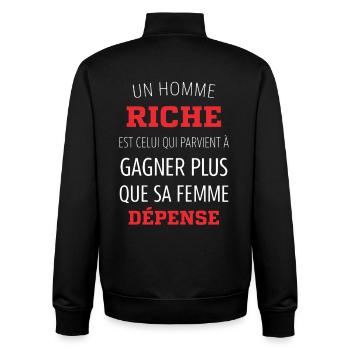 Homme Riche Citation Humour Couple Argent - Sweat zippé unisexe en coton bio Stanley/Stella - noir - Dos - AI Model Male 185 light (185cm)