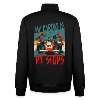 Course automobile, sport automobile, mon cardio, ce sont les arrêts aux stands - Sweat zippé unisexe en coton bio Stanley/Stella - noir - Dos - AI Model Male 185 light (185cm)