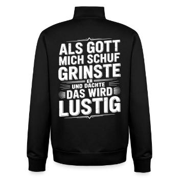 Als Gott mich schuf grinste er – Lustiger Spruch - Unisex Organic Zip Sweatshirt von Stanley/Stella - Schwarz - Hinten - AI Model Male 185 light (185cm)