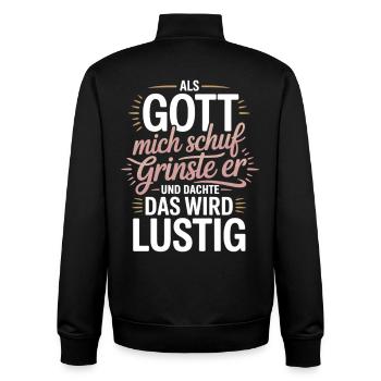 Als Gott mich schuf grinste er – Lustiger Spruch - Unisex Organic Zip Sweatshirt von Stanley/Stella - Schwarz - Hinten - AI Model Male 185 light (185cm)