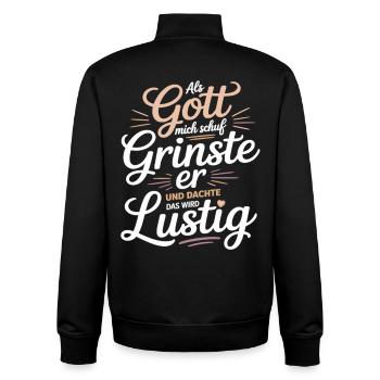 Als Gott mich schuf grinste er – Lustiger Spruch - Unisex Organic Zip Sweatshirt von Stanley/Stella - Schwarz - Hinten - AI Model Male 185 light (185cm)