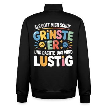 Als Gott mich schuf grinste er – Lustiger Spruch - Unisex Organic Zip Sweatshirt von Stanley/Stella - Schwarz - Hinten - AI Model Male 185 light (185cm)
