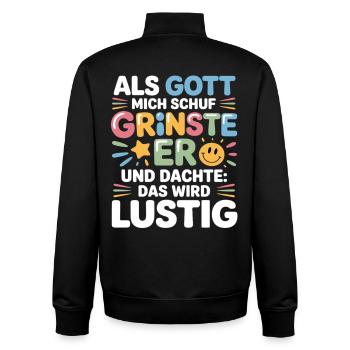 Als Gott mich schuf grinste er – Lustiger Spruch - Unisex Organic Zip Sweatshirt von Stanley/Stella - Schwarz - Hinten - AI Model Male 185 light (185cm)