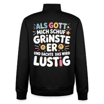 Als Gott mich schuf grinste er – Lustiger Spruch - Unisex Organic Zip Sweatshirt von Stanley/Stella - Schwarz - Hinten - AI Model Male 185 light (185cm)