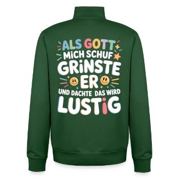 Als Gott mich schuf grinste er – Lustiger Spruch - Unisex Organic Zip Sweatshirt von Stanley/Stella - Flaschengrün - Hinten - AI Model Male 185 dark (185cm)