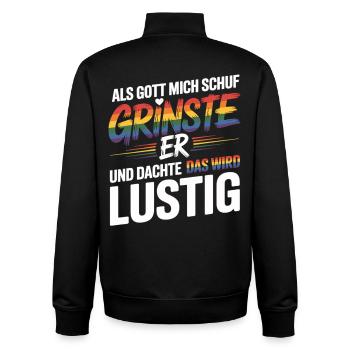 Als Gott mich schuf grinste er – Pride Humor - Unisex Organic Zip Sweatshirt von Stanley/Stella - Schwarz - Hinten - AI Model Male 185 light (185cm)