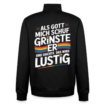 Als Gott mich schuf grinste er – Pride Humor - Unisex Organic Zip Sweatshirt von Stanley/Stella - Schwarz - Hinten - AI Model Male 185 light (185cm)