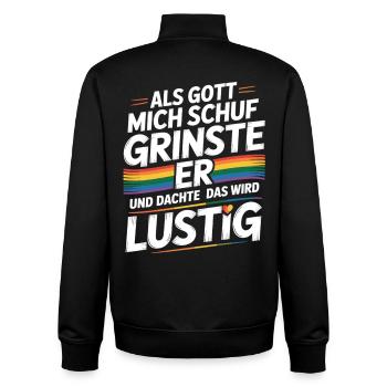 Als Gott mich schuf grinste er – Pride Humor - Unisex Organic Zip Sweatshirt von Stanley/Stella - Schwarz - Hinten - AI Model Male 185 light (185cm)