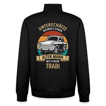 Unterschätze nie einen alten Mann mit Trabi - Unisex Organic Zip Sweatshirt von Stanley/Stella - Schwarz - Hinten - AI Model Male 185 light (185cm)