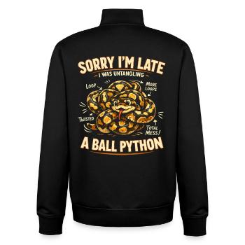 Too late because of ball python | Snake Humor - Unisex Organic Zip Sweatshirt by Stanley/Stella - black - Back - AI Model Male 185 light (185cm)