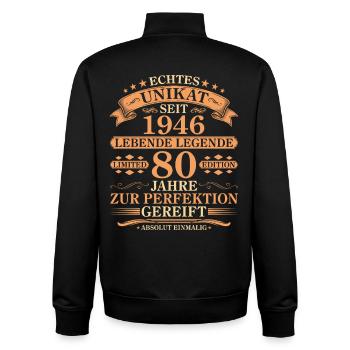 Unikat seit 1946 Jahrgang – 80. Geburtstag - Unisex Organic Zip Sweatshirt von Stanley/Stella - Schwarz - Hinten - AI Model Male 185 light (185cm)