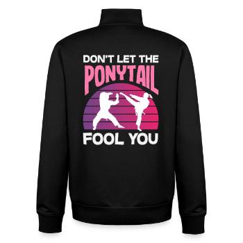 Never Underestimate The Ponytail Karate Girl - Unisex Organic Zip Sweatshirt by Stanley/Stella - black - Back - AI Model Male 185 light (185cm)