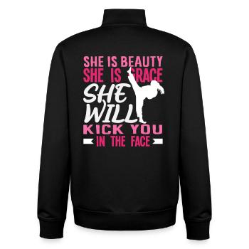 Karate Girl Beauty Grace Kicks In The Face - Unisex Organic Zip Sweatshirt by Stanley/Stella - black - Back - AI Model Male 185 light (185cm)