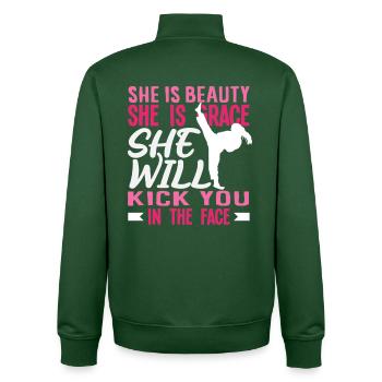 Karaté Girl Beauty Grace donne un coup de pied au visage - Sweat zippé unisexe en coton bio Stanley/Stella - vert bouteille - Dos - AI Model Male 185 dark (185cm)