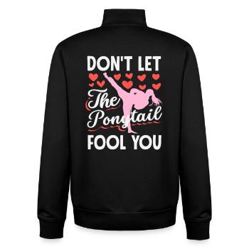 Never Underestimate The Ponytail Karate Girl - Unisex Organic Zip Sweatshirt by Stanley/Stella - black - Back - AI Model Male 185 light (185cm)