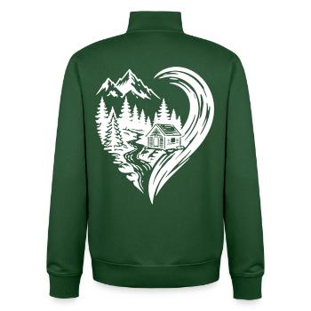 Heart Mountains Hut Nature Love Hiking - Unisex Organic Zip Sweatshirt by Stanley/Stella - bottle green - Back - AI Model Male 185 dark (185cm)