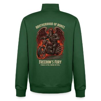 Biker Skelett, Motorrad und Flammen - Halloween - Unisex Organic Zip Sweatshirt von Stanley/Stella - Flaschengrün - Hinten - AI Model Male 185 dark (185cm)