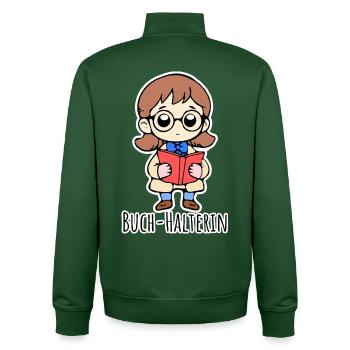 Die lustige Buch-Halterin hält ein Buch und liest - Unisex Organic Zip Sweatshirt von Stanley/Stella - Flaschengrün - Hinten - AI Model Male 185 dark (185cm)
