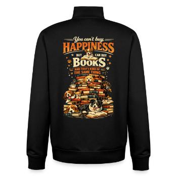 Book Stack & Dogs: You Can't Buy Happiness - Unisex Organic Zip Sweatshirt von Stanley/Stella - Schwarz - Hinten - AI Model Male 185 light (185cm)