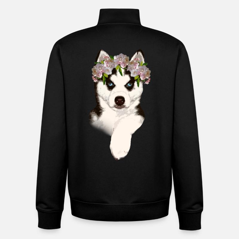 Husky avec couronne de fleurs - Sweat zippé unisexe en coton bio Stanley/Stella - noir