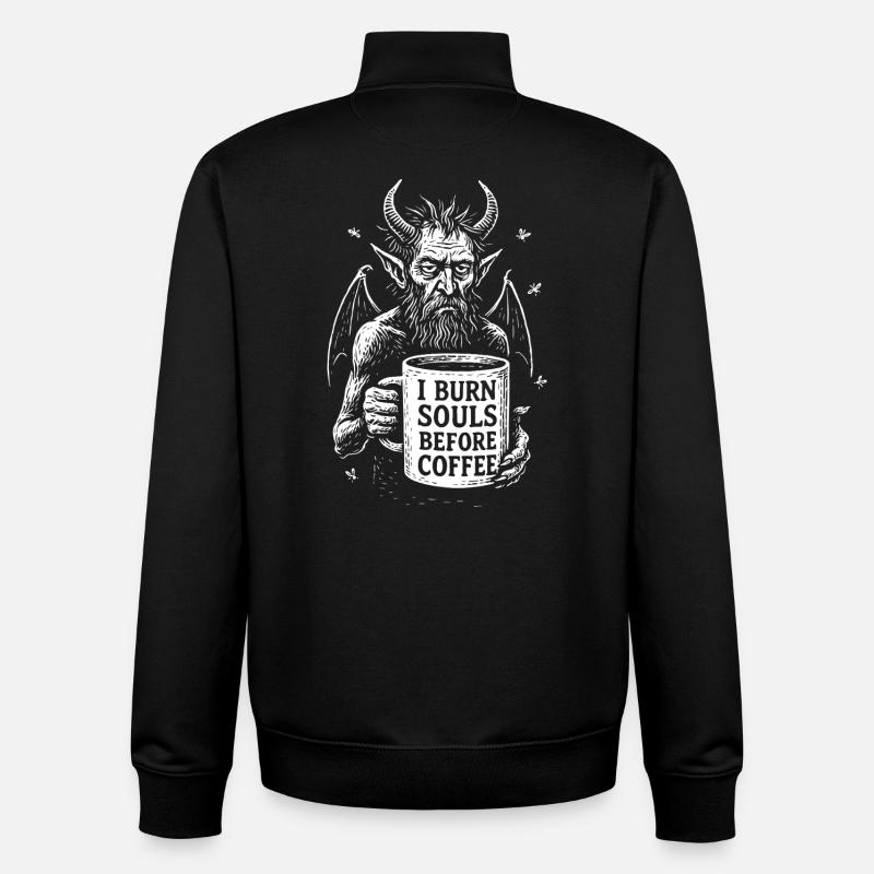 Teufel mit Kaffeebecher I Burn Souls Before Coffee - Unisex Organic Zip Sweatshirt von Stanley/Stella - Schwarz