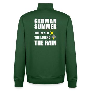 German Summer – Sun, Rain & Lightning Humor Shirt - Unisex Organic Zip Sweatshirt by Stanley/Stella - bottle green - Back - AI Model Male 185 dark (185cm)
