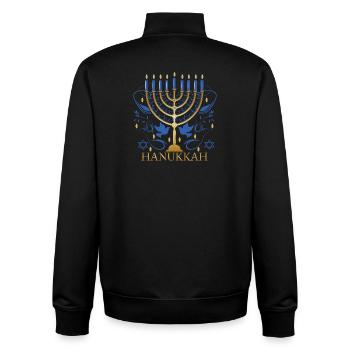 gold-colored Hanukkah candlestick with two doves - Unisex Organic Zip Sweatshirt by Stanley/Stella - black - Back - AI Model Male 185 light (185cm)