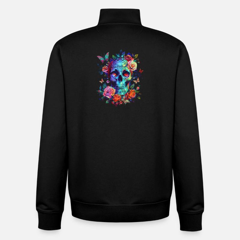 Crâne avec fleurs et papillon - Sweat zippé unisexe en coton bio Stanley/Stella - noir