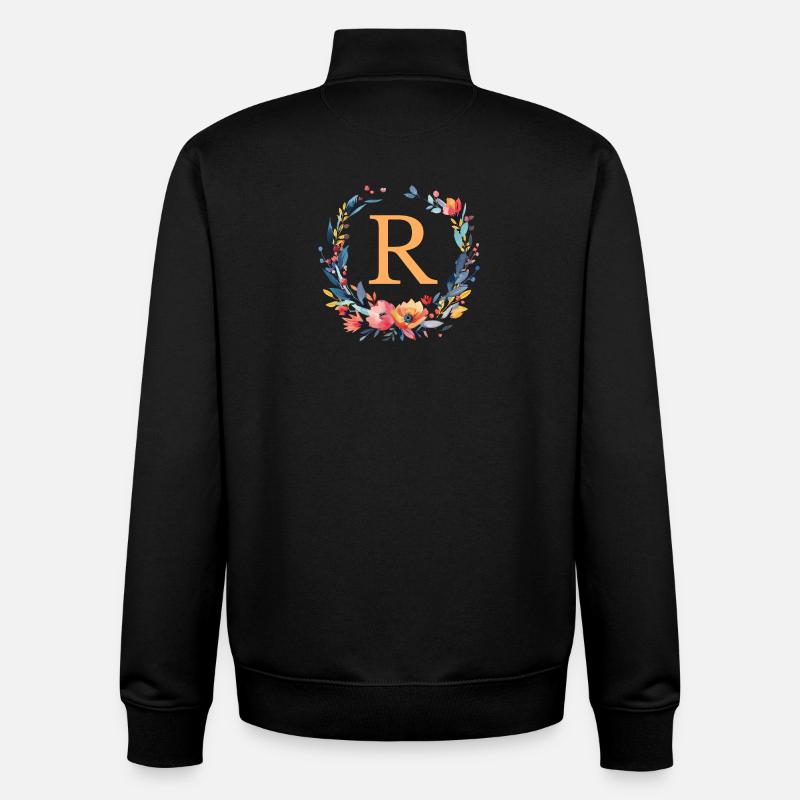 R Monogram, Couronne de fleurs, Personnalisable - Sweat zippé unisexe en coton bio Stanley/Stella - noir