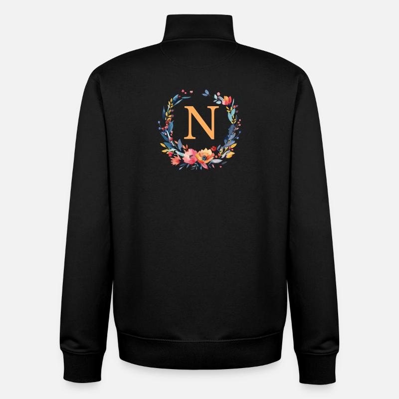 N Monogram, Couronne de fleurs, Personnalisable - Sweat zippé unisexe en coton bio Stanley/Stella - noir