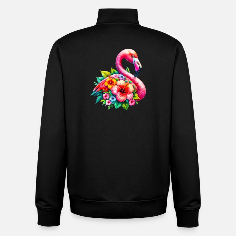 Flamingo verziert mit Hibiskusblüten - Unisex Organic Zip Sweatshirt von Stanley/Stella - Schwarz