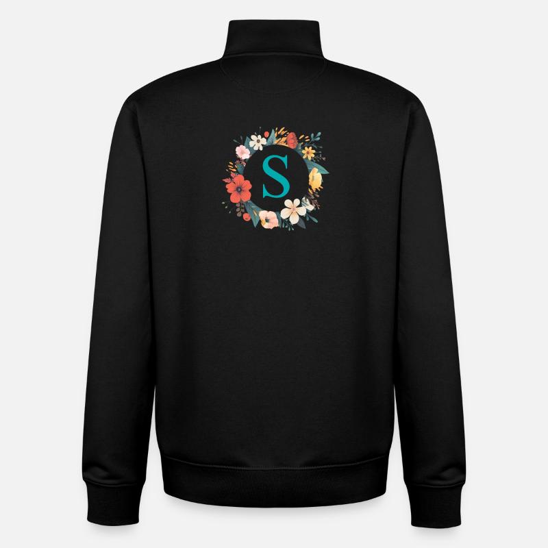 S monogramme, Couronne de fleurs, Personnalisable - Sweat zippé unisexe en coton bio Stanley/Stella - noir