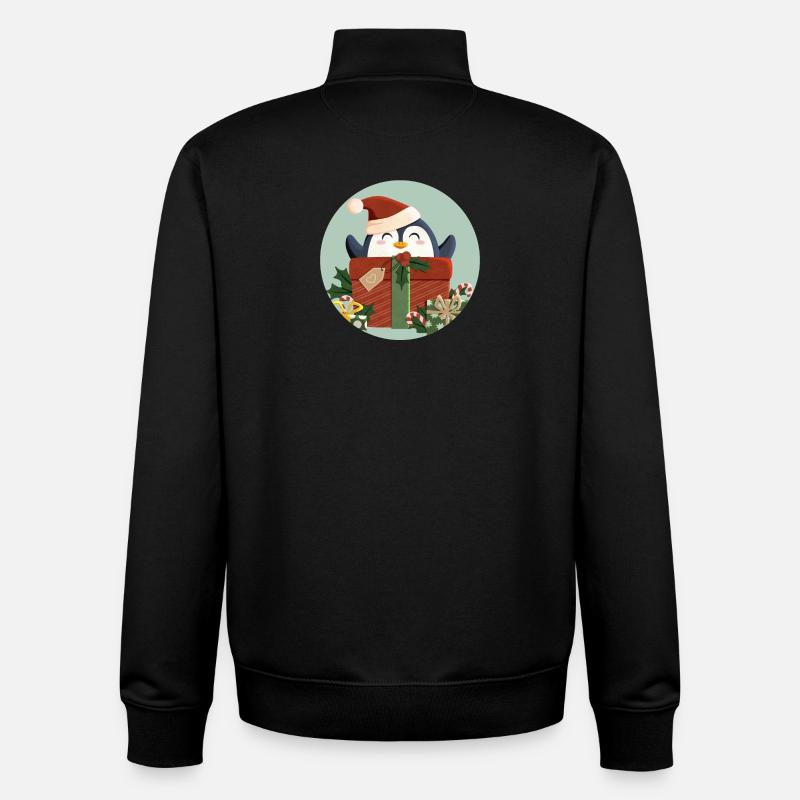 Cute Penguin with Gift and Santa Hat - Unisex Organic Zip Sweatshirt by Stanley/Stella - black