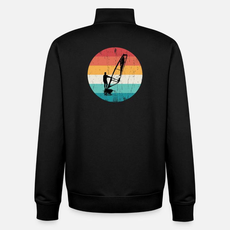 Retro Windsurf Silhouette Over Sunset Stripes - Unisex Organic Zip Sweatshirt by Stanley/Stella - black